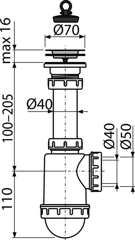 Dřezový sifon DN50/40 s nerezovou mřížkou DN70 – spolehlivý odtok pro kuchyňské dřezy