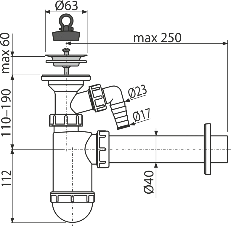 Umyvadlový sifon s přípojkou DN40 a nerezovou mřížkou DN63 – odolný odtok