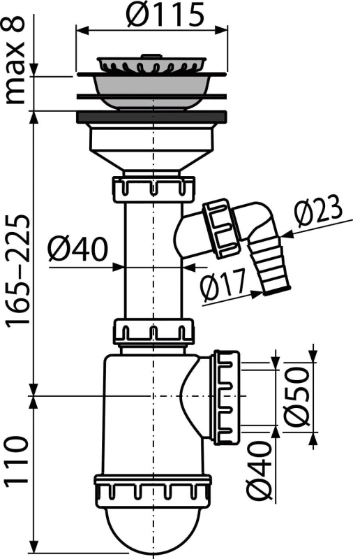 Dřezový sifon s přípojkou DN50/40 a nerezovou mřížkou DN115 – robustní odtok pro kuchyňské dřezy