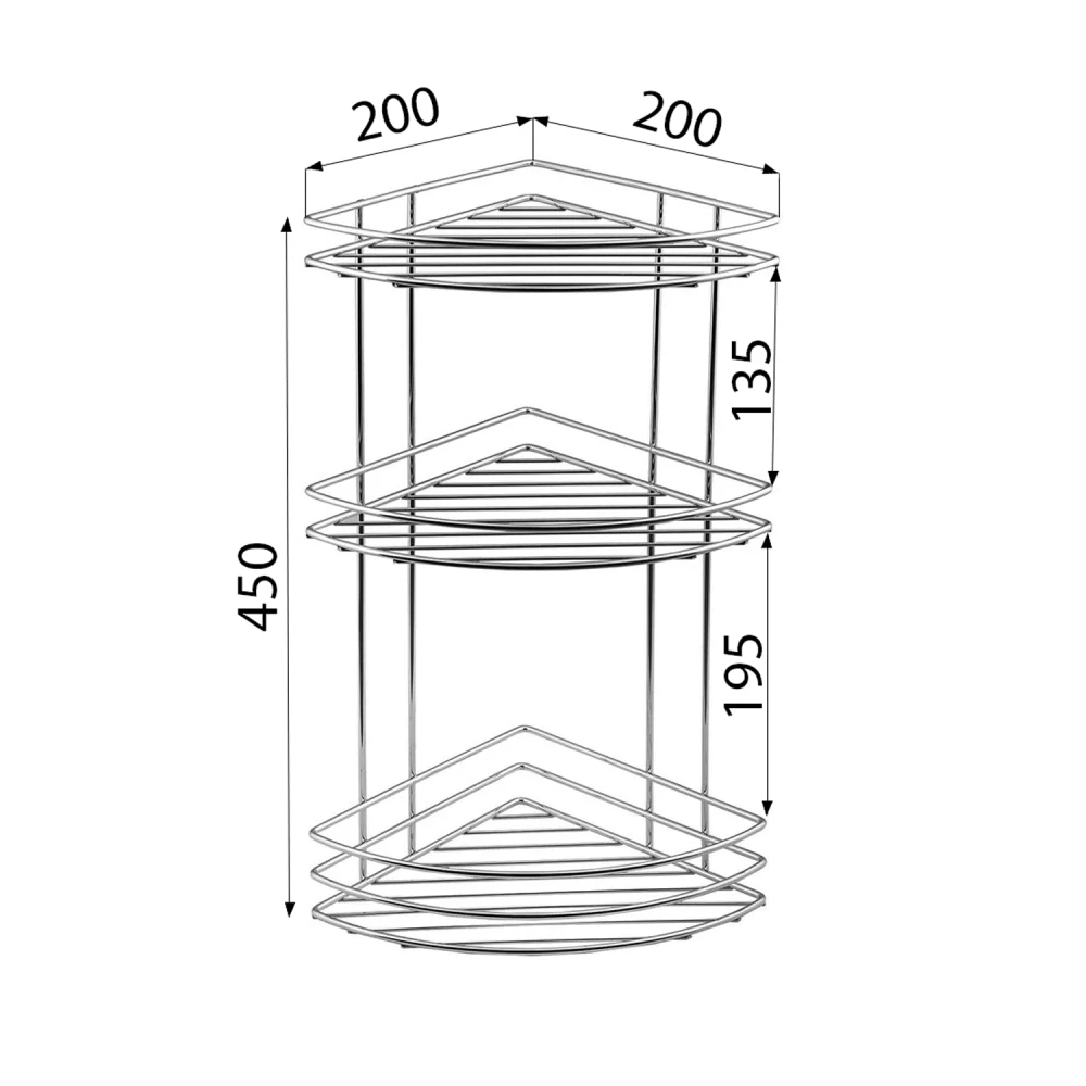 Trojitá rohová drátěná polička – chromová koupelnová police