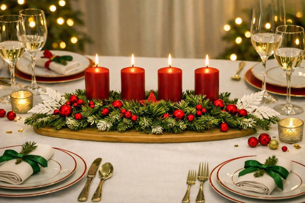 Adventní svícen, štola na stůl - vánoční, červená