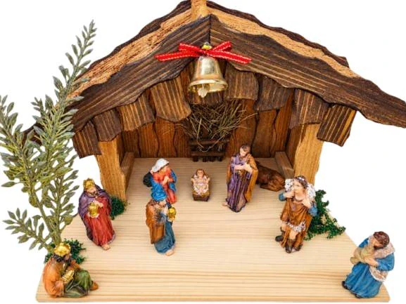 Dřevěný malý betlém s LED osvětlením, 26 cm – ručně vyráběný, s figurkami