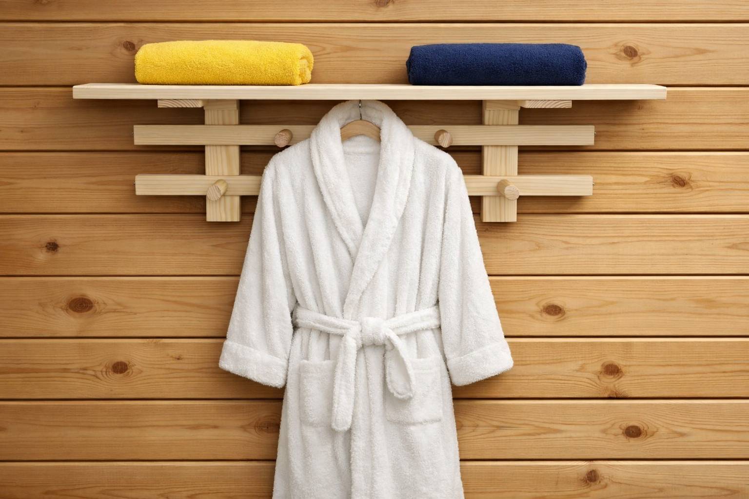 Věšák, držák s policí, dřevěný - bazén, sauna