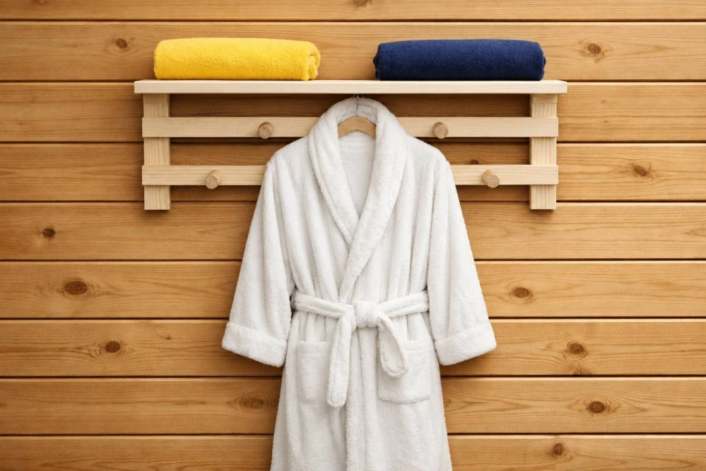Věšák, držák s policí, dřevěný - bazén, sauna